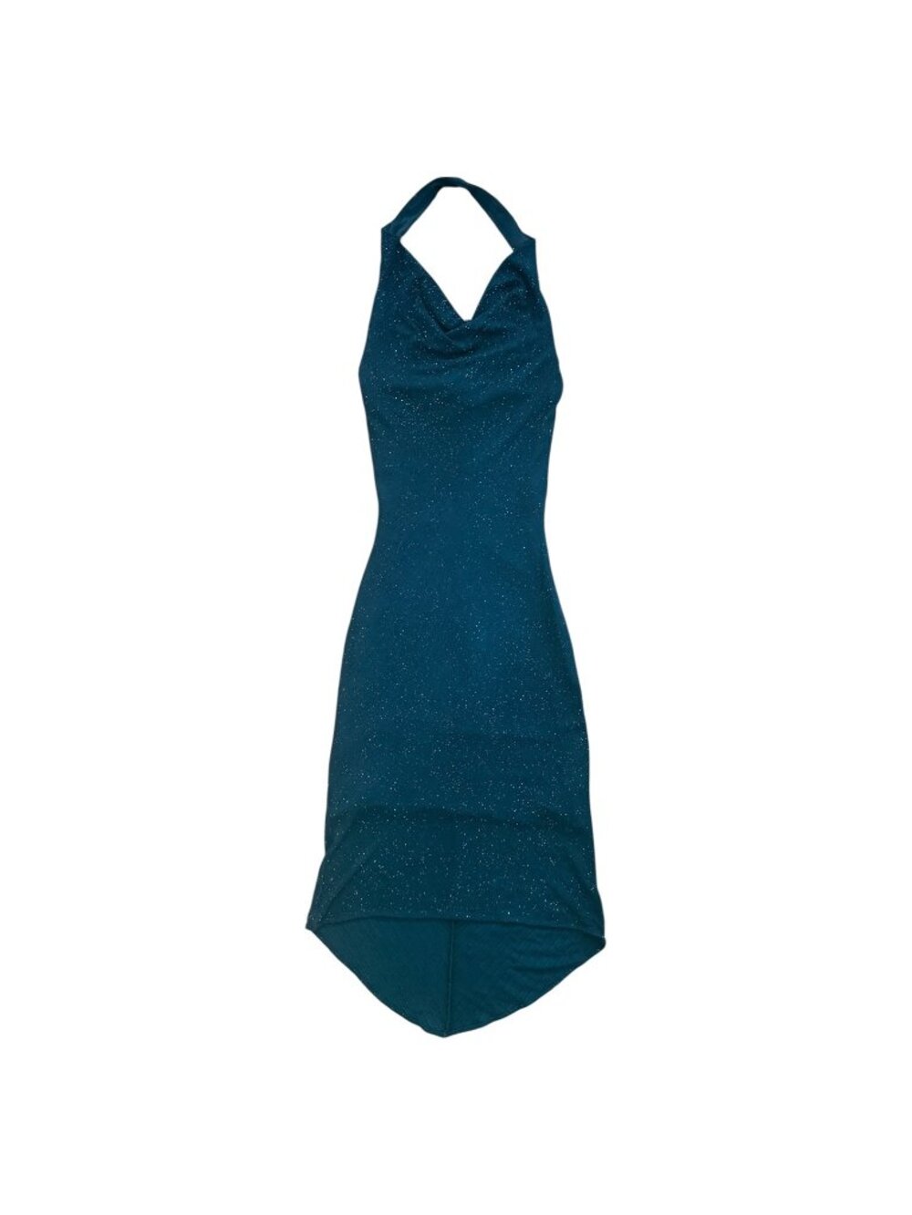 Vintage 90s Cache Halter Cowl Neck Backless Glitter Midi Dress Formal Stretch